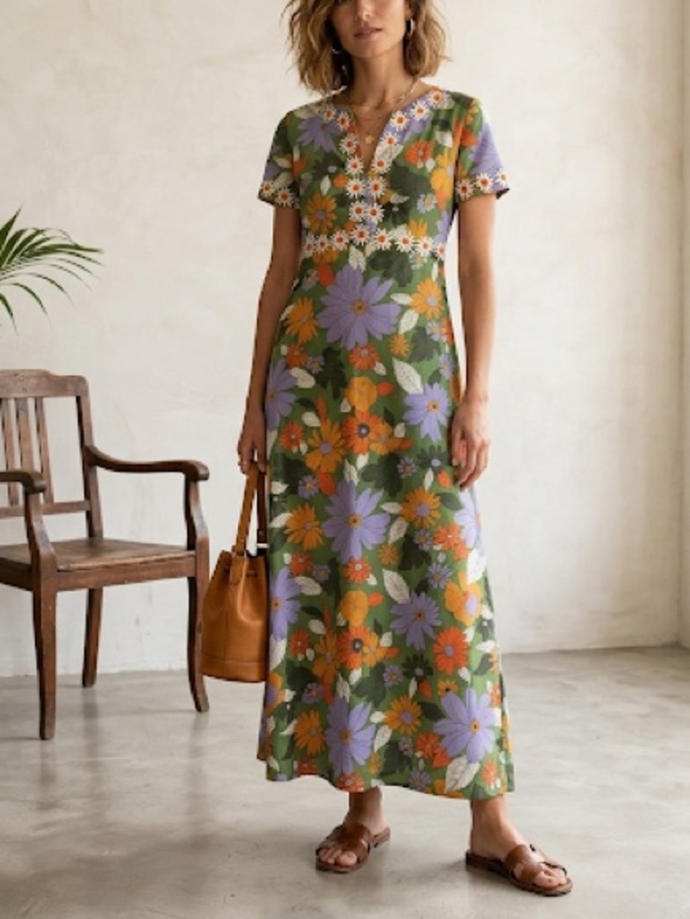 RARE Vintage Womens 1970s Handmade Floral Maxi Dress